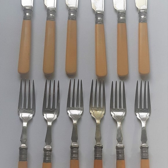 VTG Antique French Ivory Celluloid Handle Silver Plate Forks & Knieves Set of 12 - Picture 3 of 10